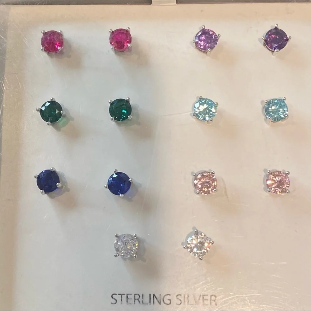 7 Pairs Sterling Silver Cubic Zirconia Stud Earrings Colorful